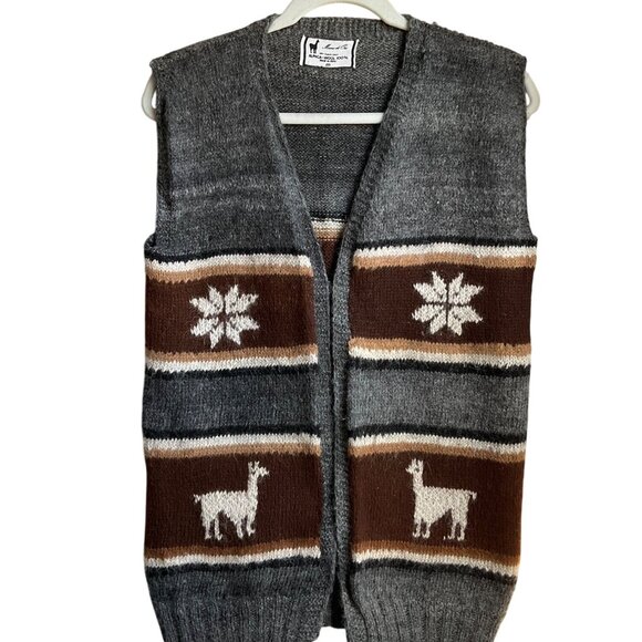 VTG Medium Handmade Peru Alpaca Wool Sweater Vest Llama Snowflake Ethnic Boho - Picture 7 of 10